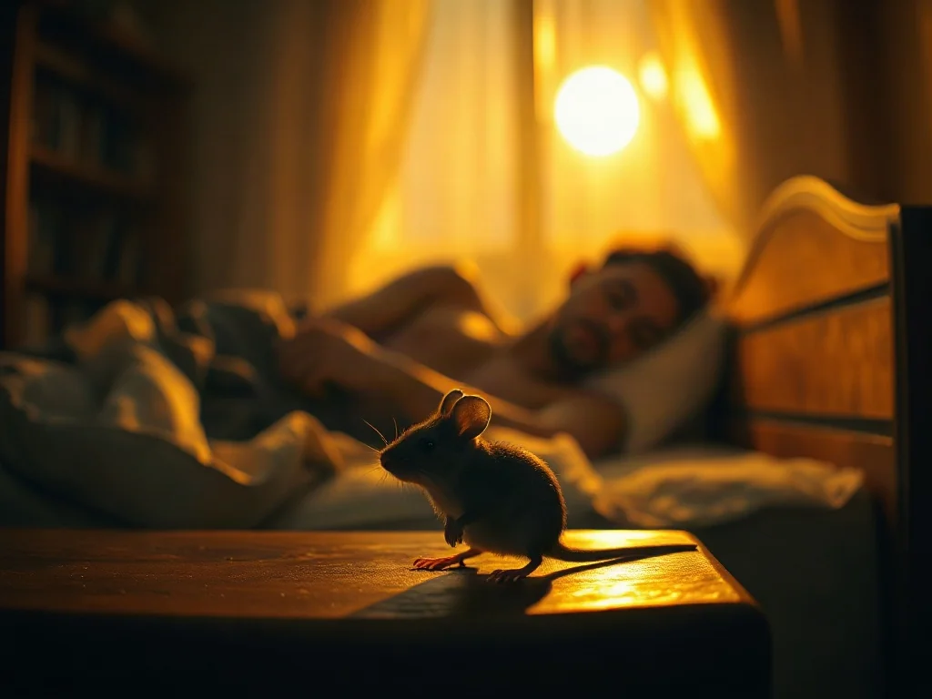 Mała mysz siedząca na szafce nocnej w sypialni, w której śpi człowiek, skąpana w nastrojowym świetle księżyca.