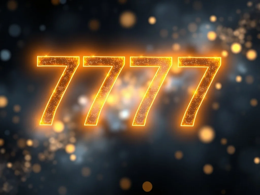 Świetlista liczba 7777 unosząca się na tle mistycznej galaktyki, symbolizująca duchowe znaczenie tej sekwencji w numerologii.