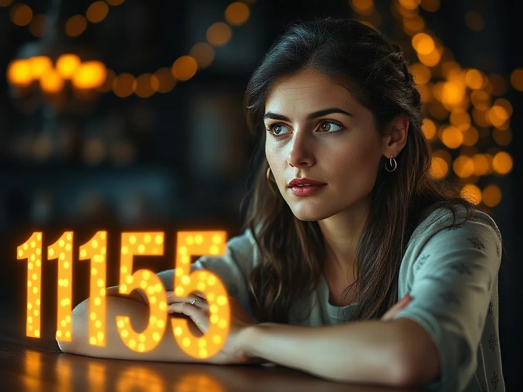 Kobieta zamyślona nad unoszącą się w powietrzu liczbą 1155 w otoczeniu magicznego, złotego światła.