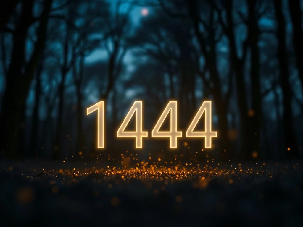 Eteryczna, świecąca liczba 1444 unosząca się w tajemniczym, mrocznym lesie, symbolizująca mistyczne znaczenie numerologiczne.