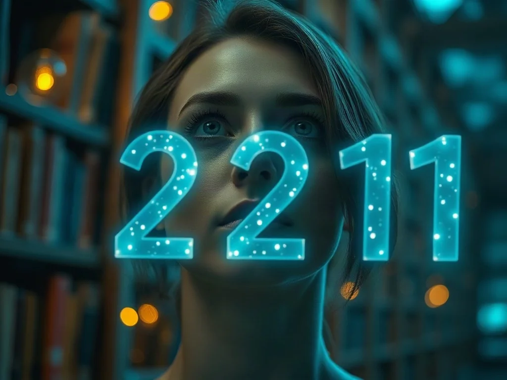 Kobieta zamyślona nad unoszącą się w powietrzu, świetlistą liczbą 2211 w otoczeniu mistycznej biblioteki.