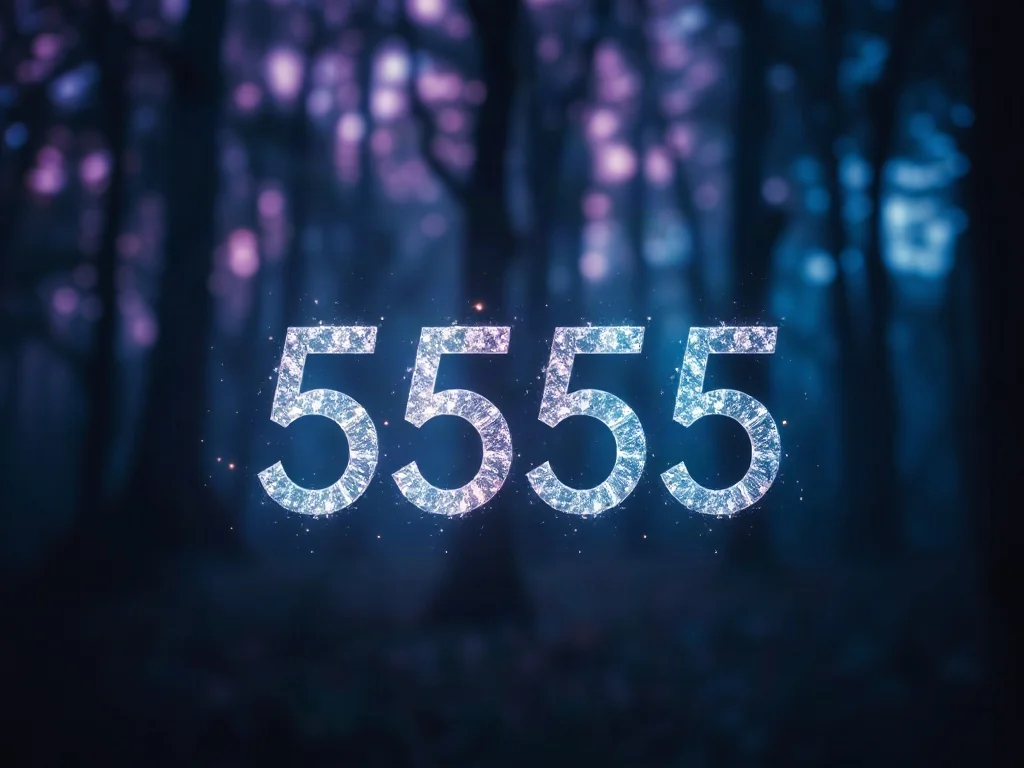 Świecąca liczba 5555 unosząca się w tajemniczym, mistycznym lesie, podkreślająca duchowy charakter numerologii.