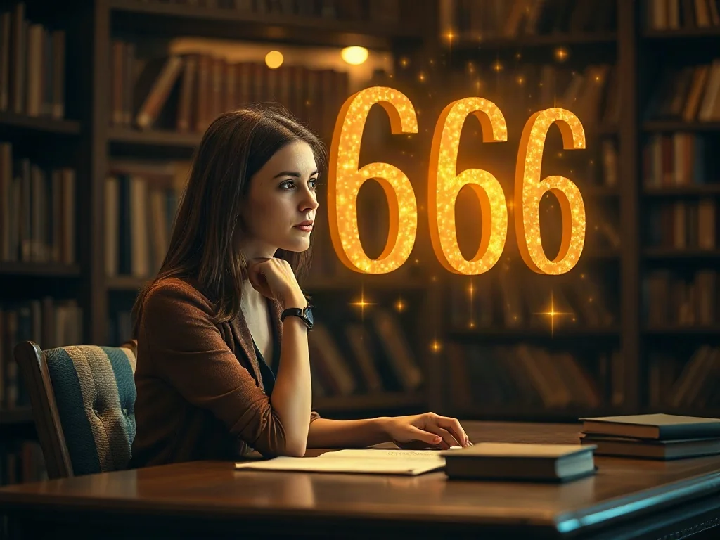 Kobieta w przytulnej bibliotece zamyślona nad unoszącymi się w powietrzu złotymi cyframi „6666”.